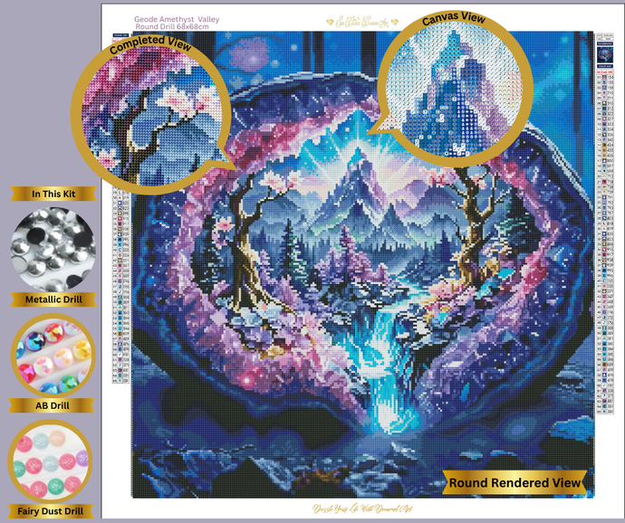 PRE-ORDER-Geode Amethyst Valley-Hand Rendered-Diamond Painting Kit